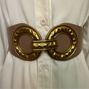 Khaki elastic waistband belt with old gold tone buckle
